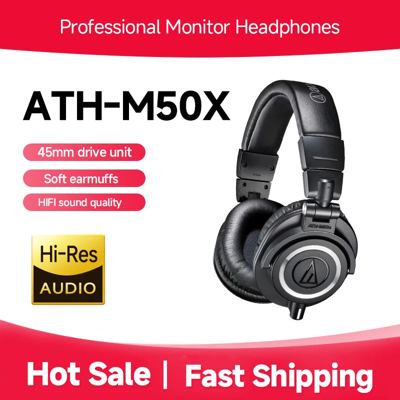 ATH-M50X Professional studio monitor headphones, black, professional grade, critically acclaimed, with removable cable
